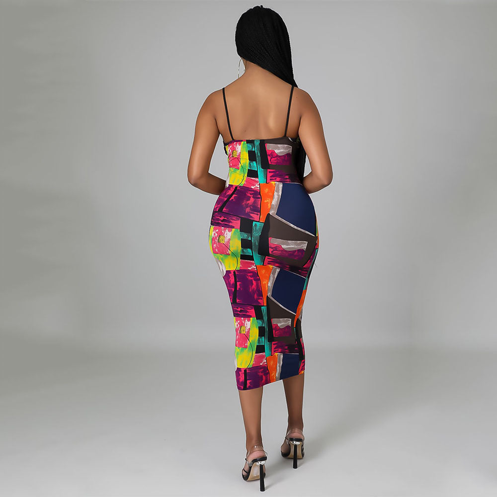 Fashion Sexy Prints Suspender Night Club Party Dress