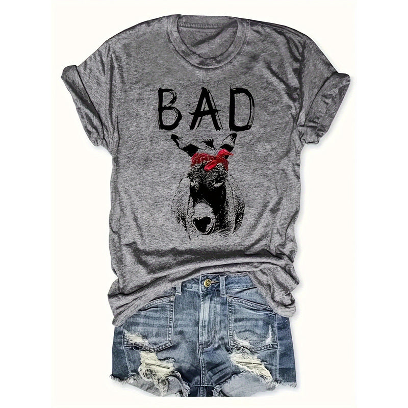 Bad Horse Women Print Short Sleeve T-Shirt Round Neck Tops Tees