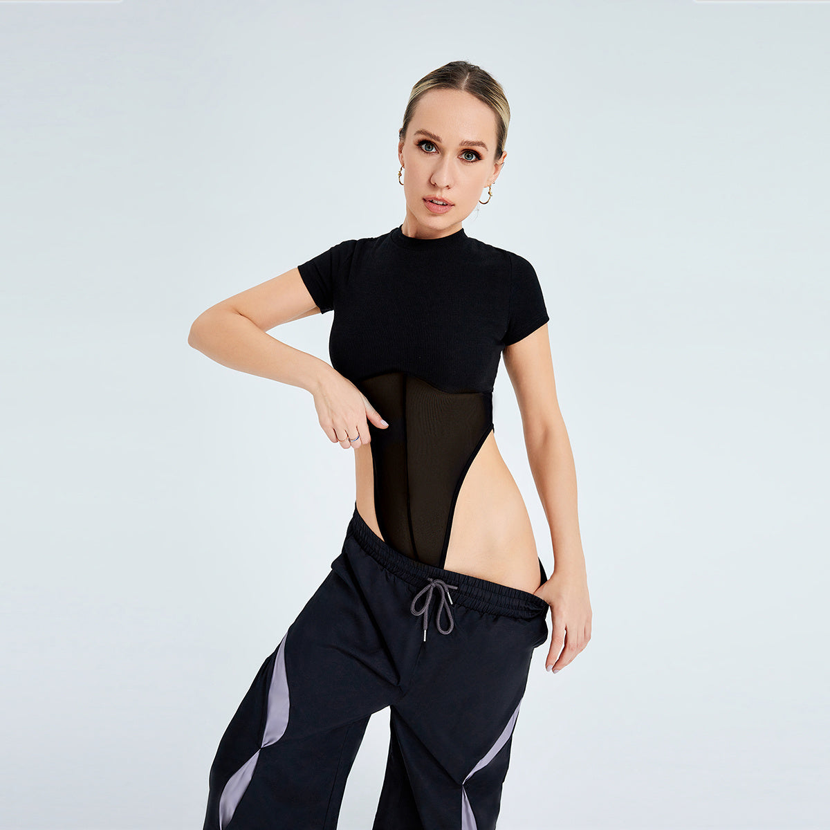 Women Mesh Gauze Splicing Round Neck Short Sleeved Bodysuits