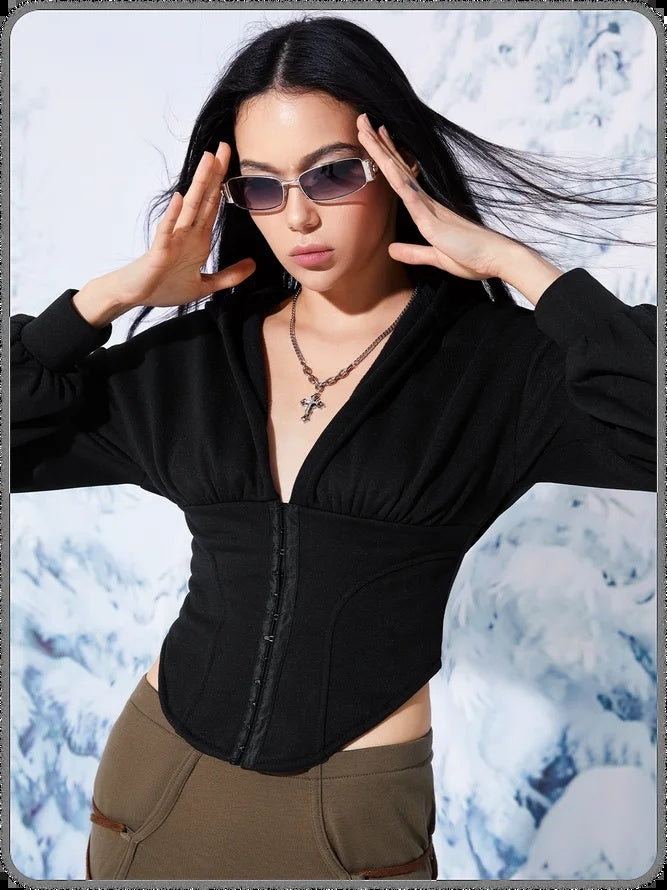 Women Solid Color V Neck Buckle Waist Long Sleeve Hooded Sweater Jacket