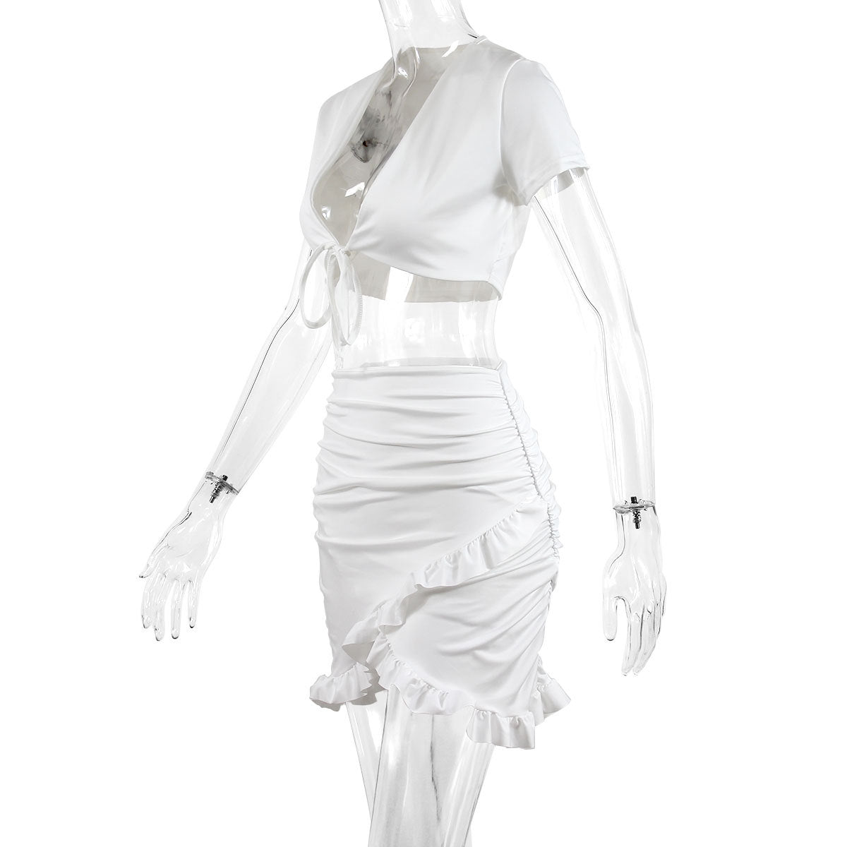 Women Low-cut Lace-up Ruffled Hip Skirt Tops Two-pieces Party Dress Set