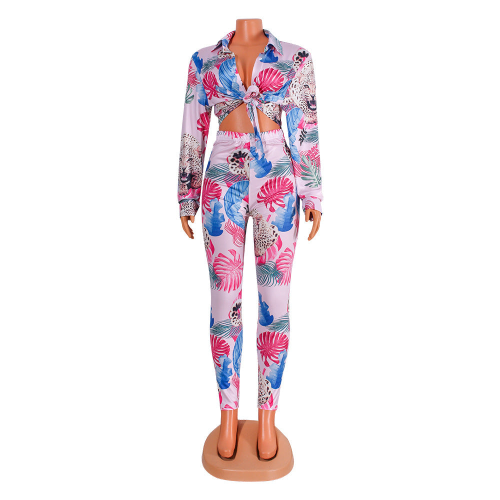 Sexy Fashion Printed Long-Sleeved Tops + Bottom Trouser Suit