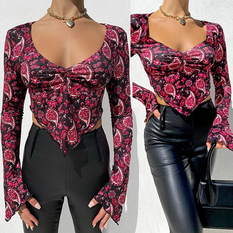 Printed V-Neck Long-Sleeved Navel Sexy Tops T-Shirt