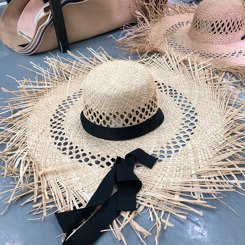 Women Fashion Tassel Big Brim Raffia Colorful Sunshade Hat