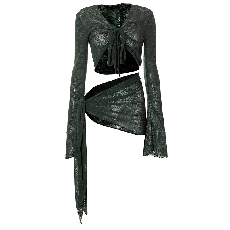 Women Mesh See-through Strap Long-sleeved Wrap Tops Skirt
