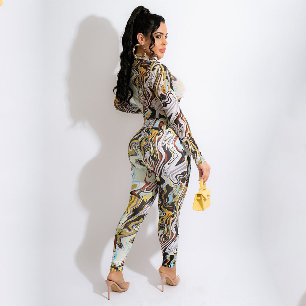 Sexy Mesh Printed Long-Sleeved Skinny Nightclub Party Jumpsuit