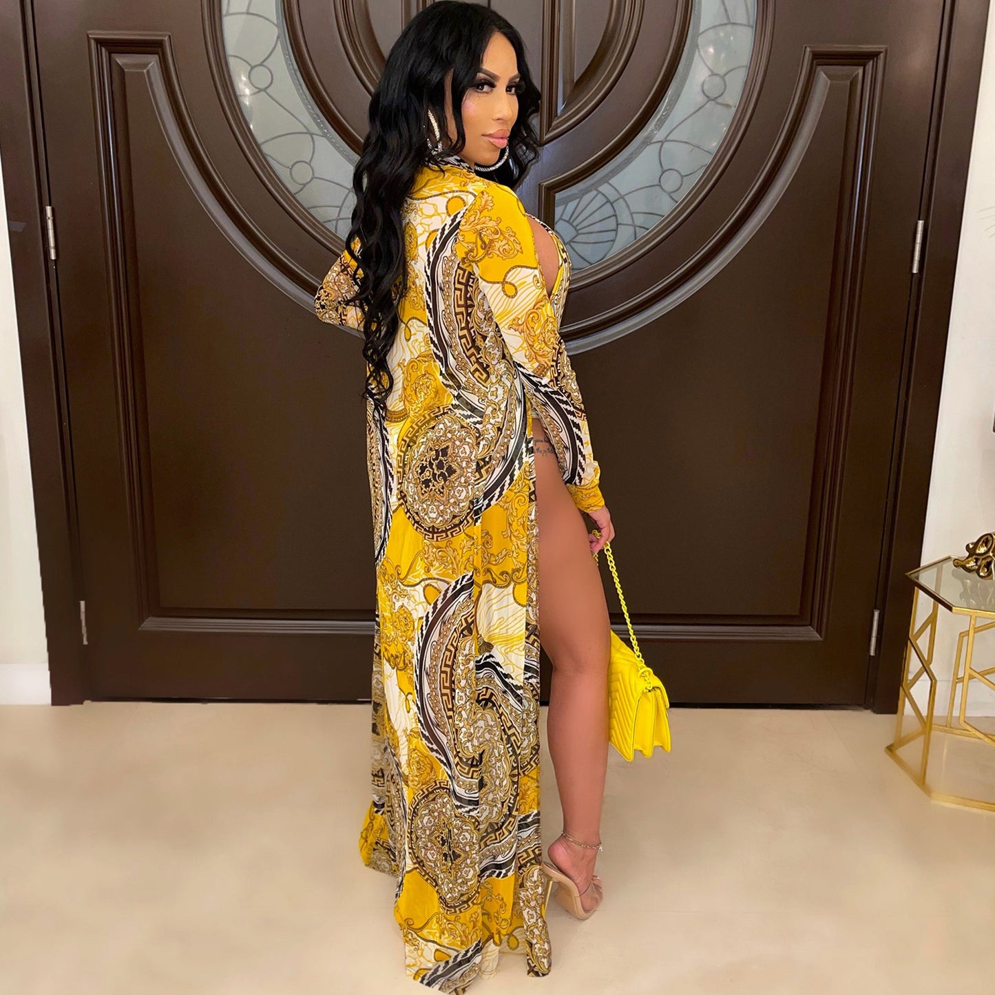 Women's Fashion Print Long Sleeve Cape Swimsuit Two Piece Bikini Dress Suits
