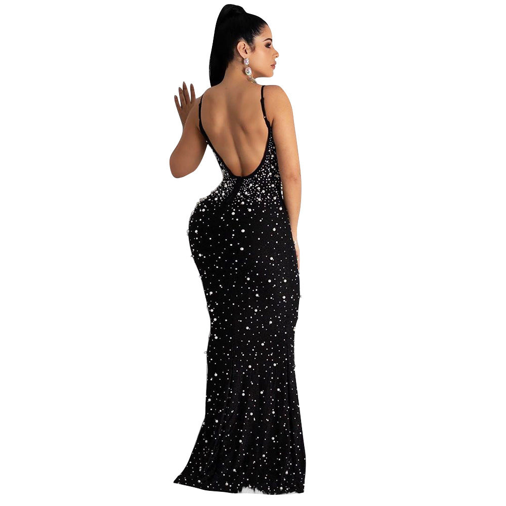 Sexy Fashion Night Club Hot-drilled Beaded Suspender Party Dress