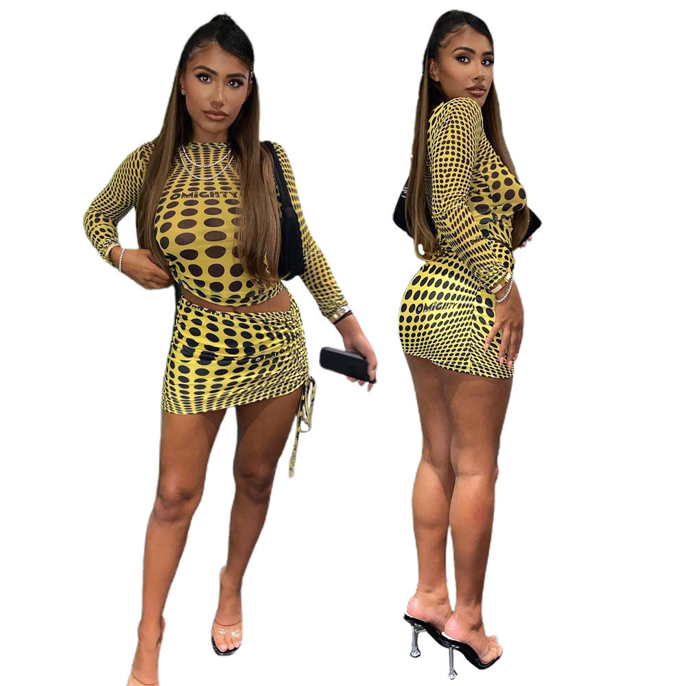 Sexy Women's Long-sleeved Printed Nightclub Party Tops Skirt Suit