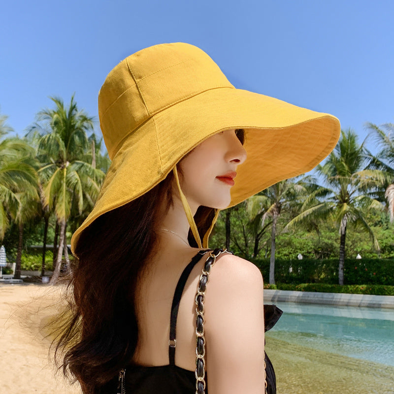 Women Solid Color Big Brim Fisherman Foldable Sun Sunscreen Shading Hat