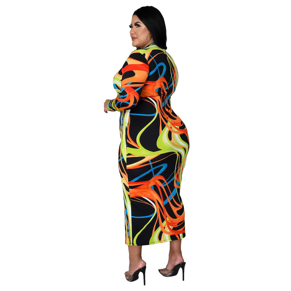 Plus Size Sexy Tight Sexy Long Sleeve Printed Night Club Party Dress
