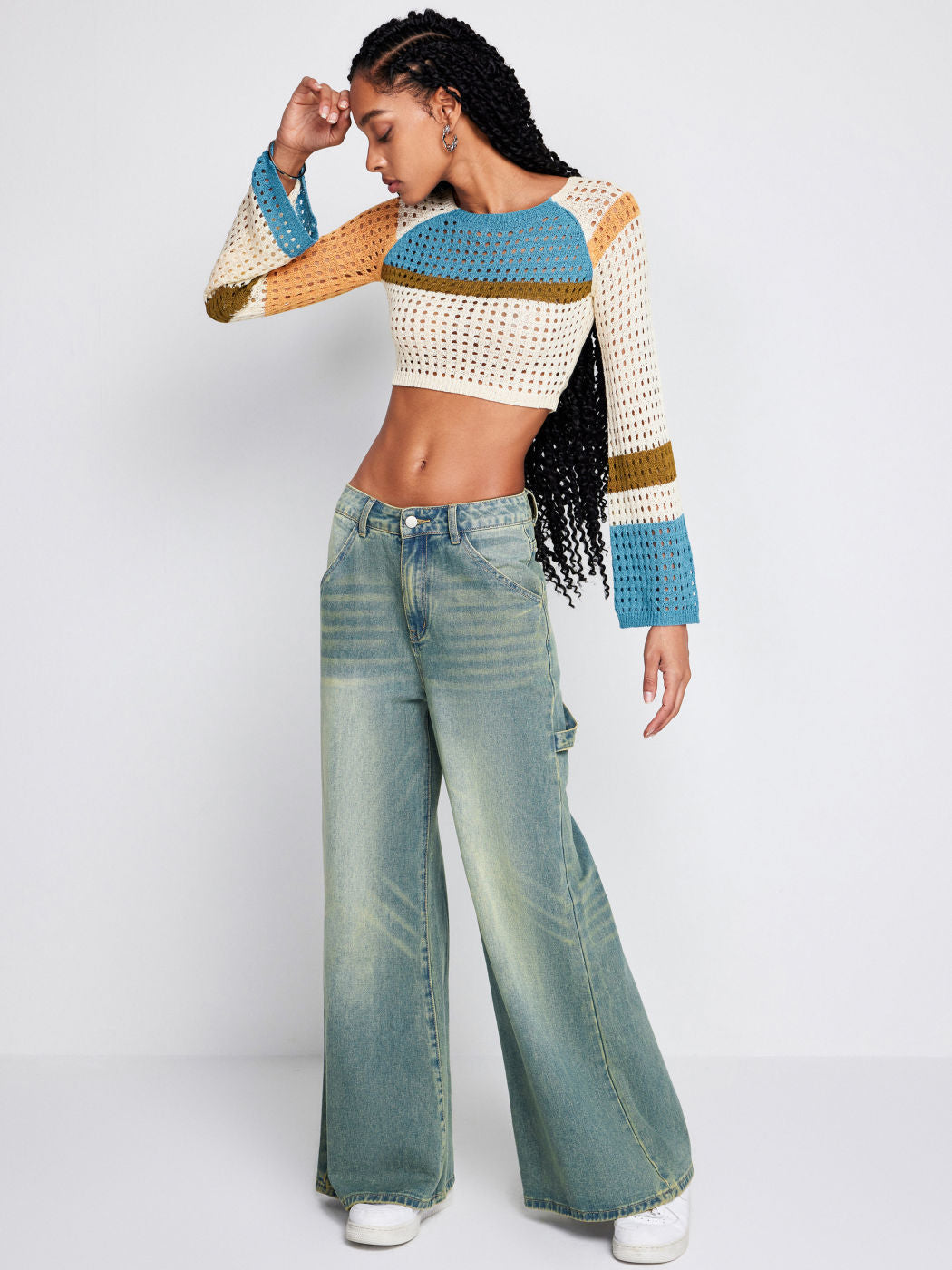 Women Stitching Long Sleeved Hollow Short Waist Knit Sweaters