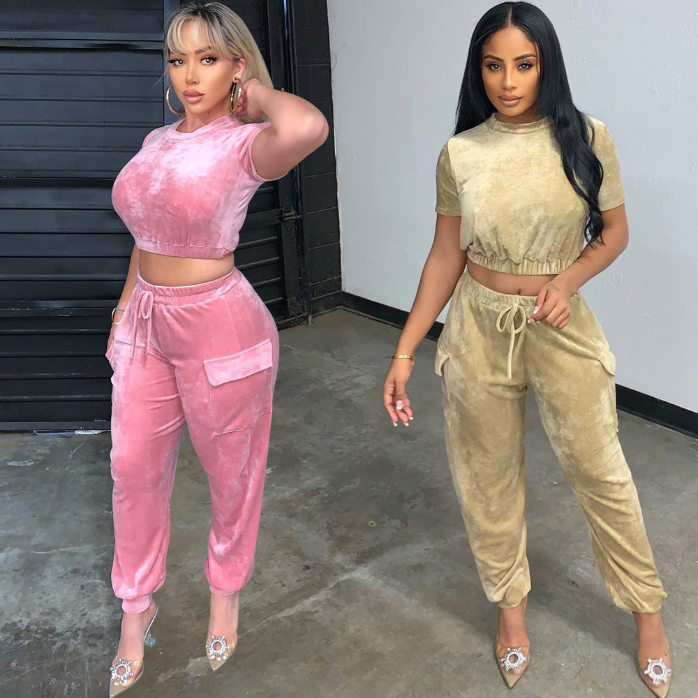 Fashion Sexy Loose Gold Velvet Two Piece Tops Pant Trouser Party Suit