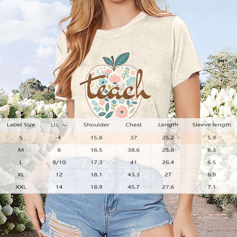 Women's 'Apple Teach' Print Round Neck T-Shirt Short Sleeve Tees Tops
