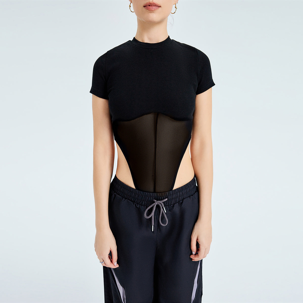 Women Mesh Gauze Splicing Round Neck Short Sleeved Bodysuits