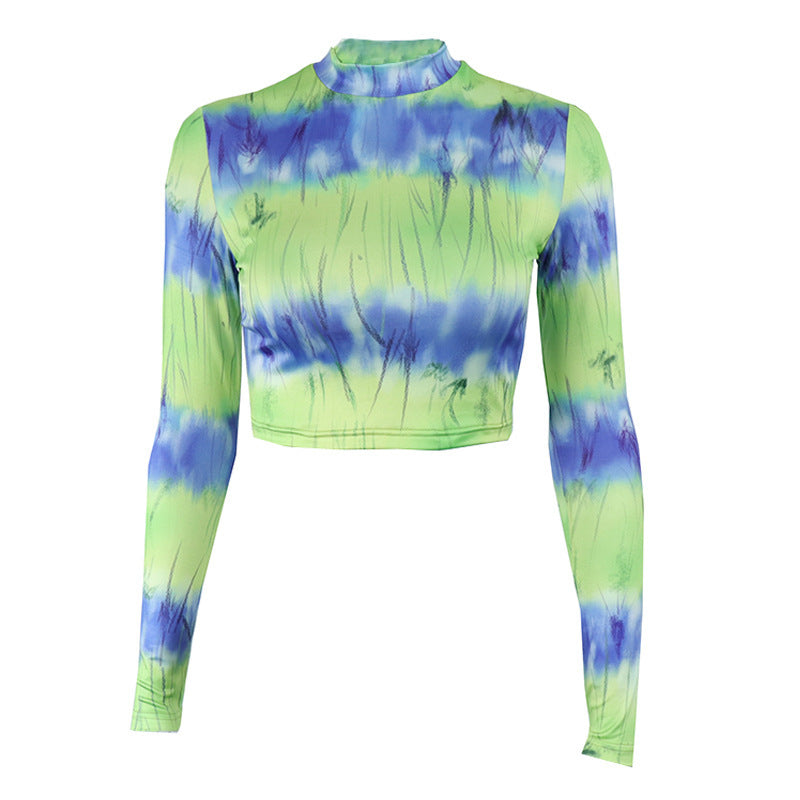 Women Round Neck Slim Fit Mesh Long Sleeve Pullover Crops T-Shirt