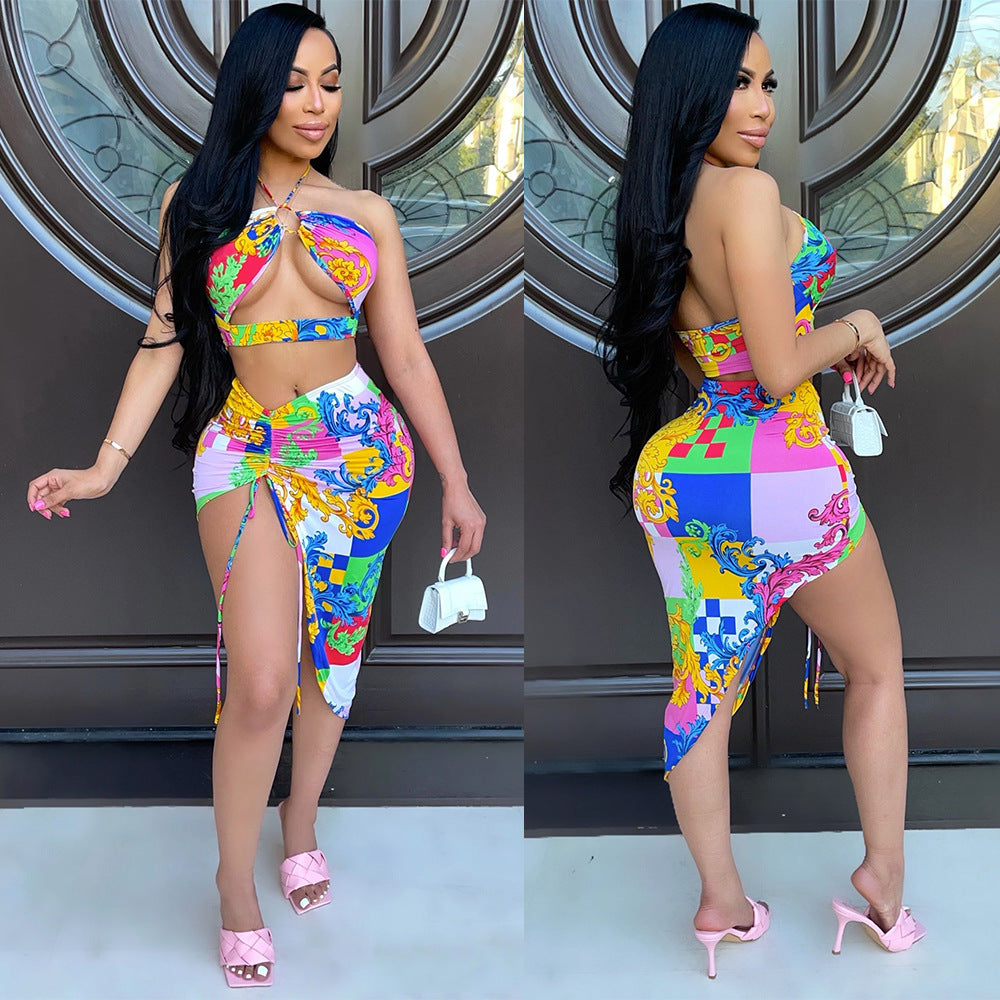 Two-piece Sexy Nightclub Irregular Short Skirt with Wrapped Chest + Halter Tops