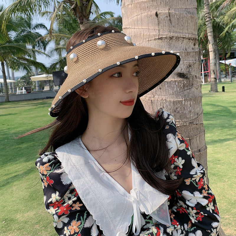Women Straw Sun Protection Top Pearl Topless Travel Beach Hat