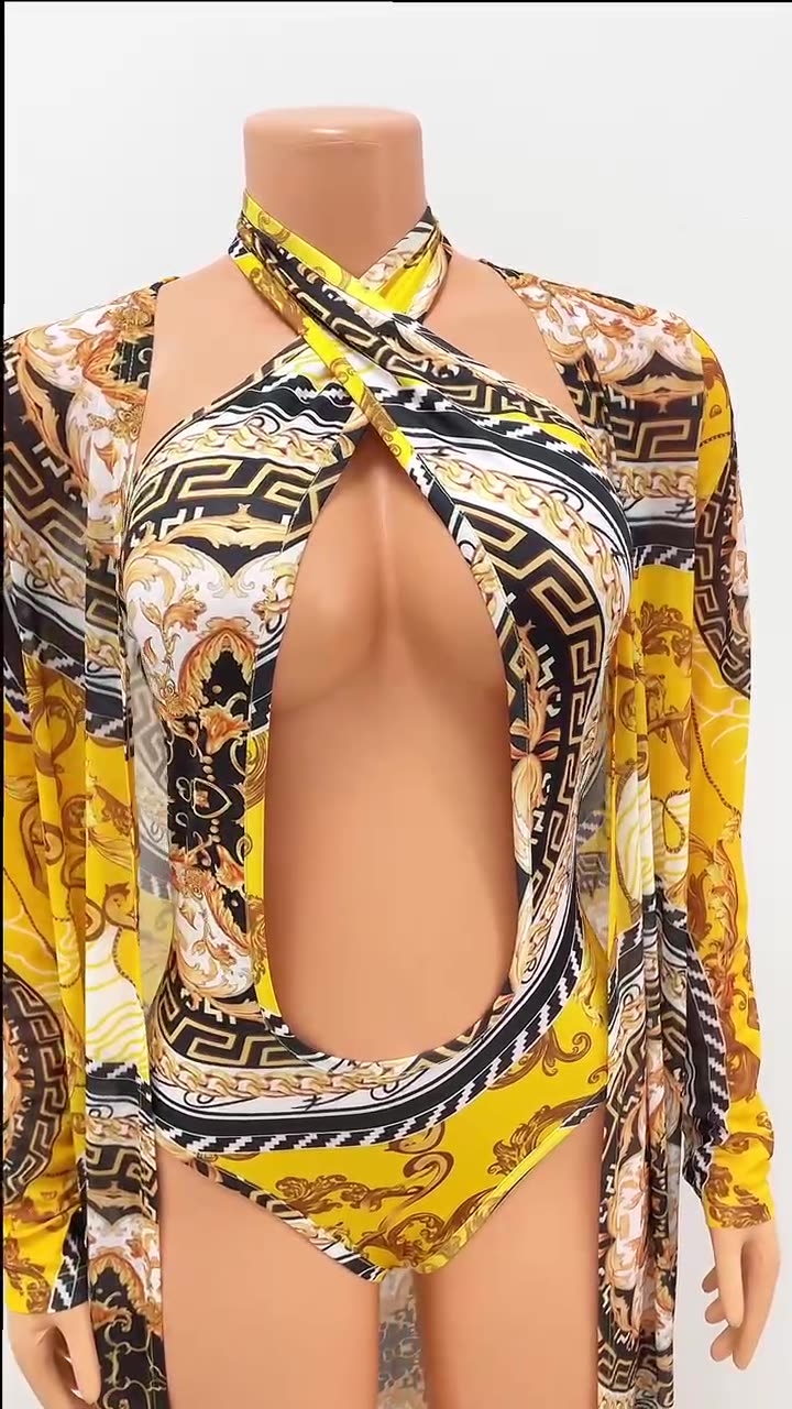 Women's Fashion Print Long Sleeve Cape Swimsuit Two Piece Bikini Dress Suits