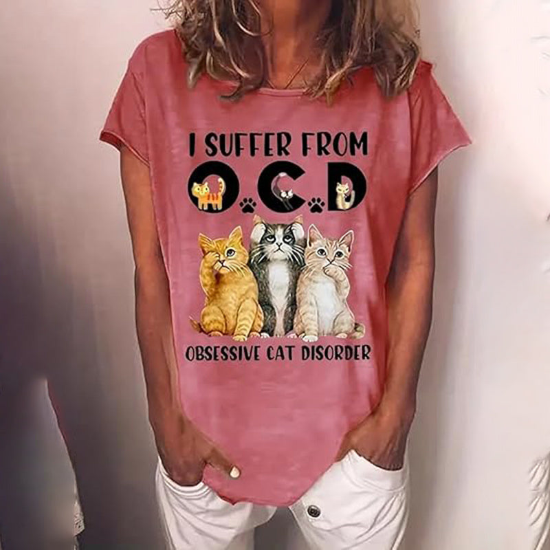 Suffer From OCD Obsessive Cat Disorder Women Crewneck Short Sleeve Tees Tops Shirt