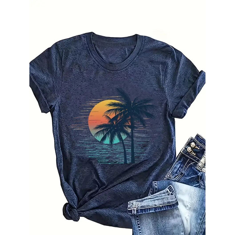 Women's Round Neck Sunset Palm Tree Print Short Sleeve T-Shirt Tees Tops