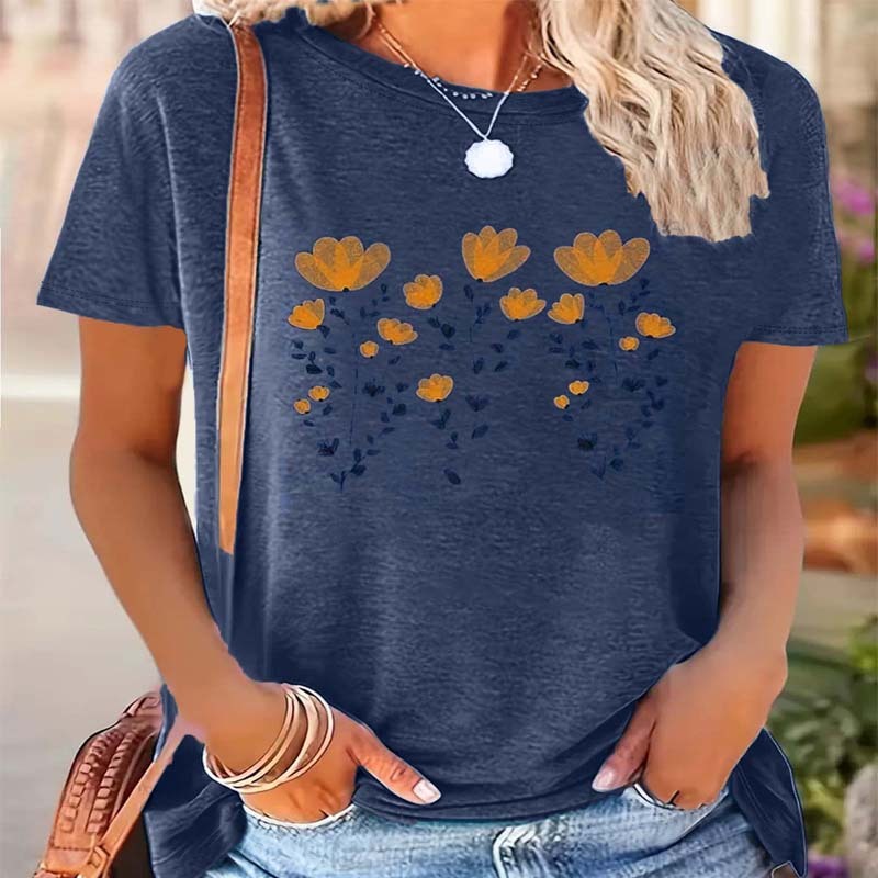 Women's Yellow Floral Print Short Sleeve Tee Round Neck Shirts Tops