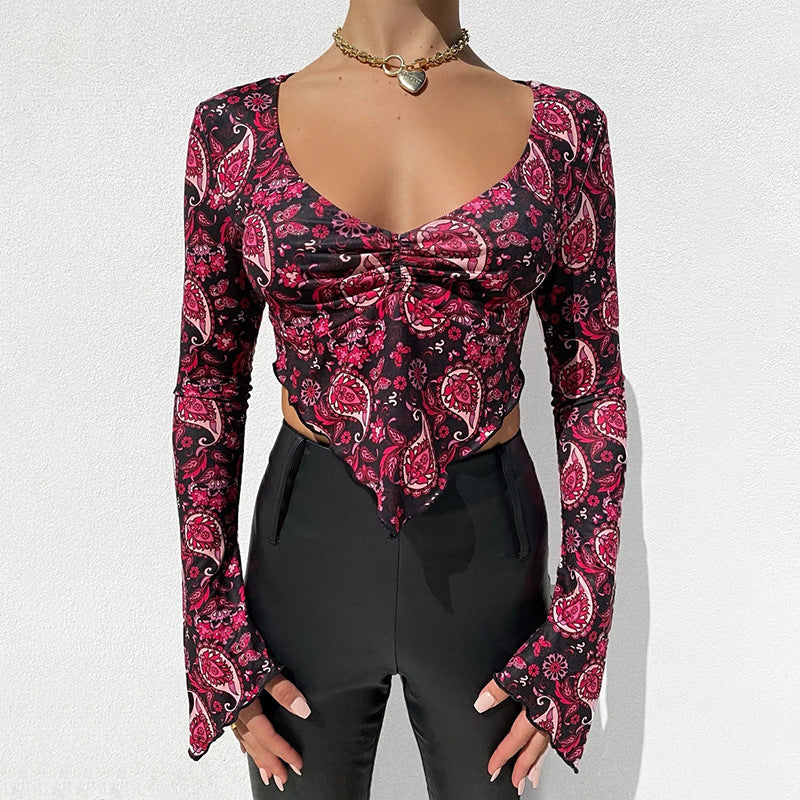Printed V-Neck Long-Sleeved Navel Sexy Tops T-Shirt