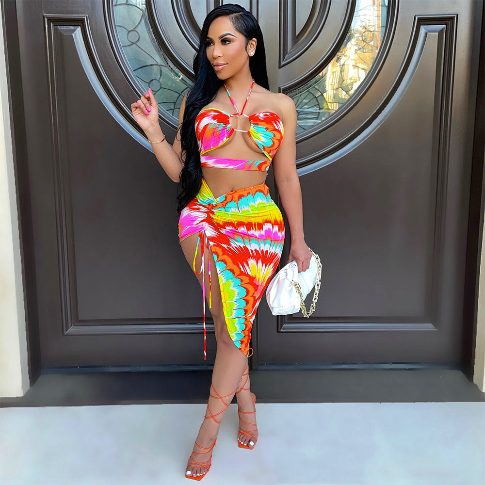 Two-piece Sexy Nightclub Irregular Short Skirt with Wrapped Chest + Halter Tops