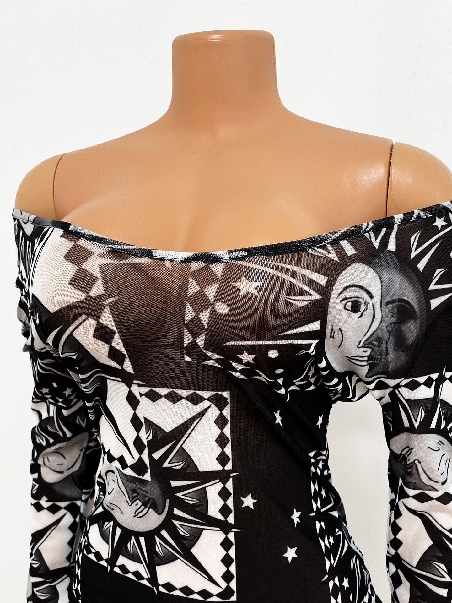 Sexy Slim Fashion See-Through Print Long Sleeve Night Clubwear Party Dress