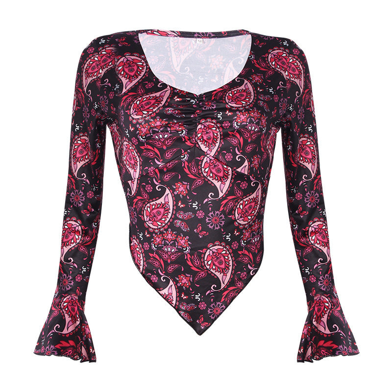 Printed V-Neck Long-Sleeved Navel Sexy Tops T-Shirt
