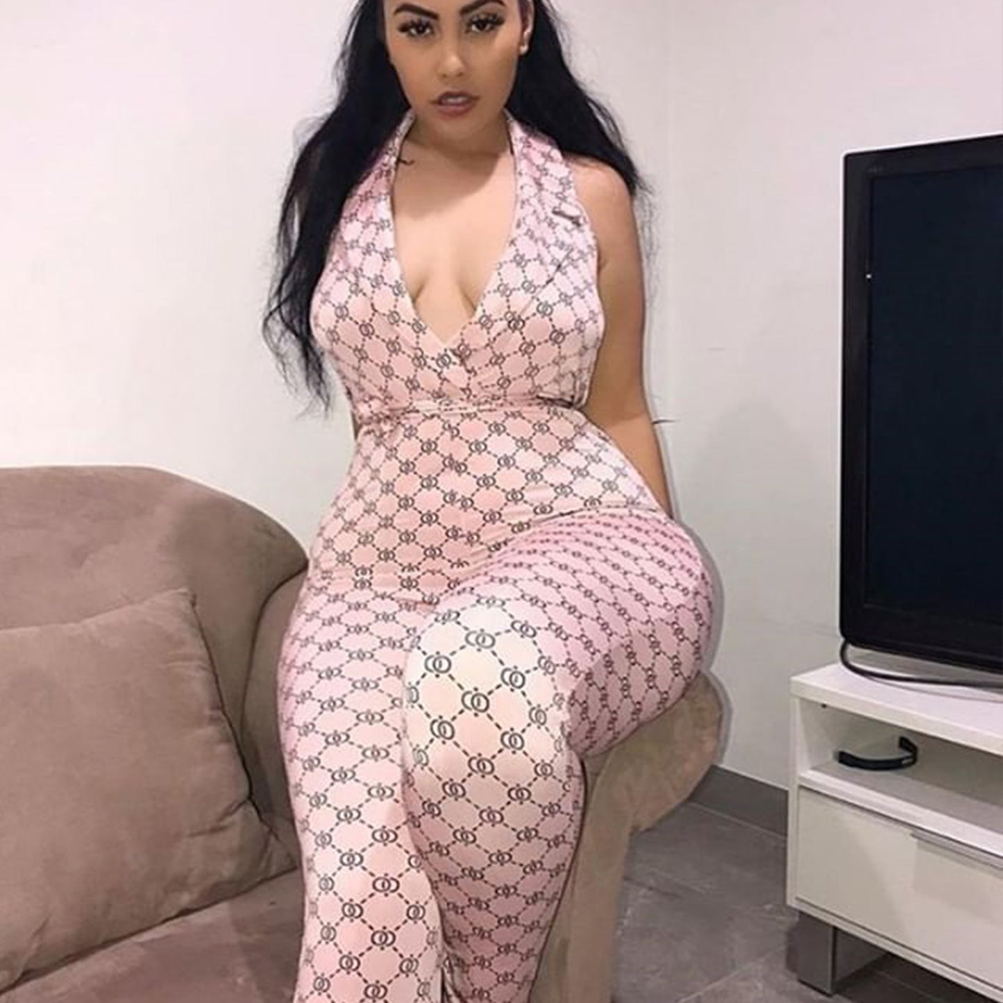 Sexy Printed Halter Nightclub Party Pant Jumpsuit