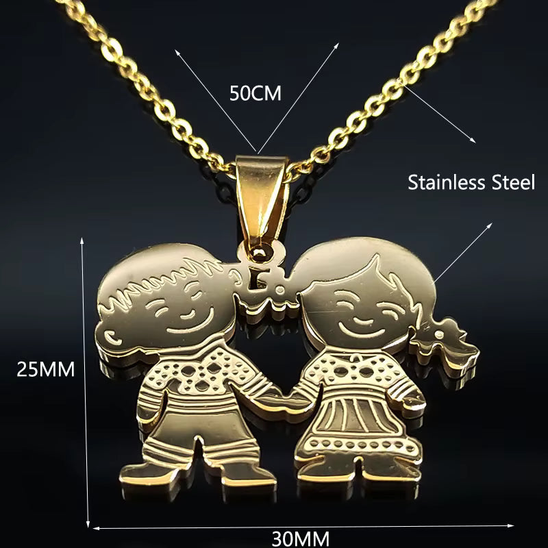 Women Mother Gold Color Boy Girl Kids Stainless Steel Necklace
