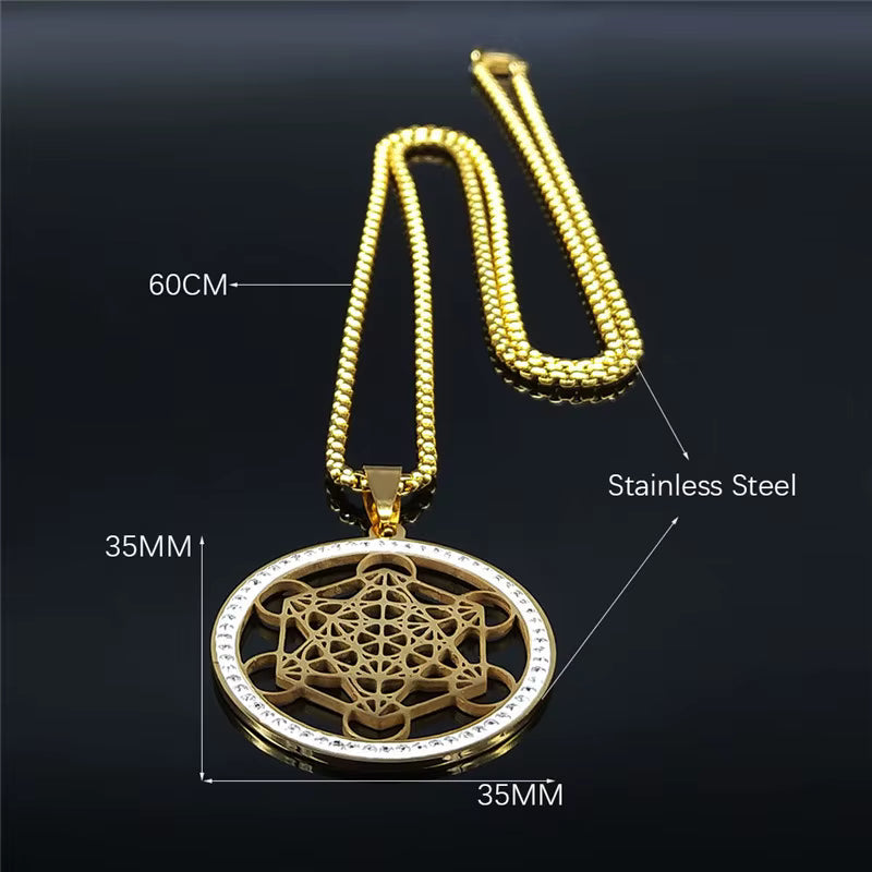 Women Metatron Sacred Geometry Symbol Flower of Life Stainless Steel Crystal Pendant Necklace