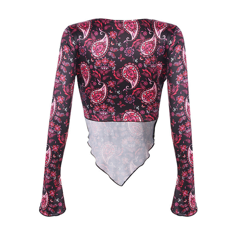 Printed V-Neck Long-Sleeved Navel Sexy Tops T-Shirt