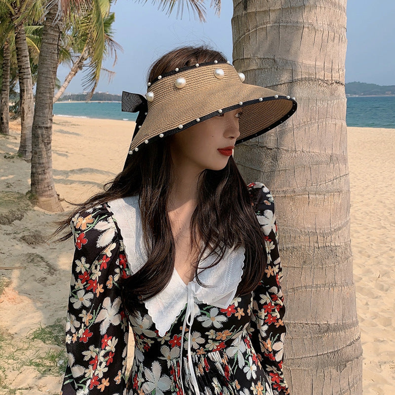 Women Straw Sun Protection Top Pearl Topless Travel Beach Hat
