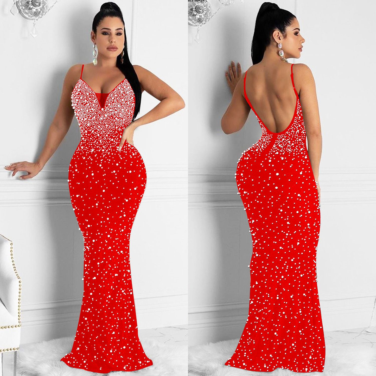 Sexy Fashion Night Club Hot-drilled Beaded Suspender Party Dress