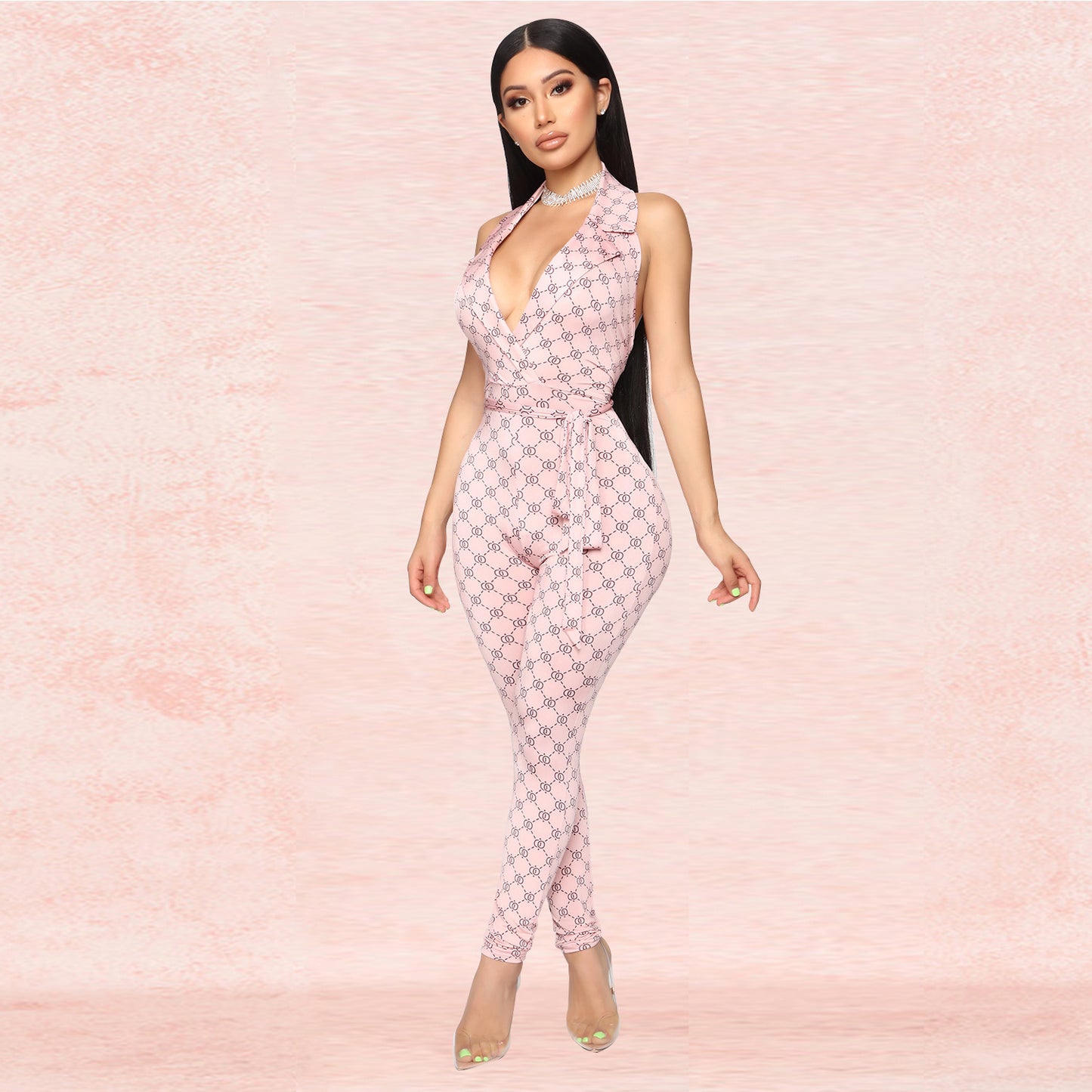 Sexy Printed Halter Nightclub Party Pant Jumpsuit