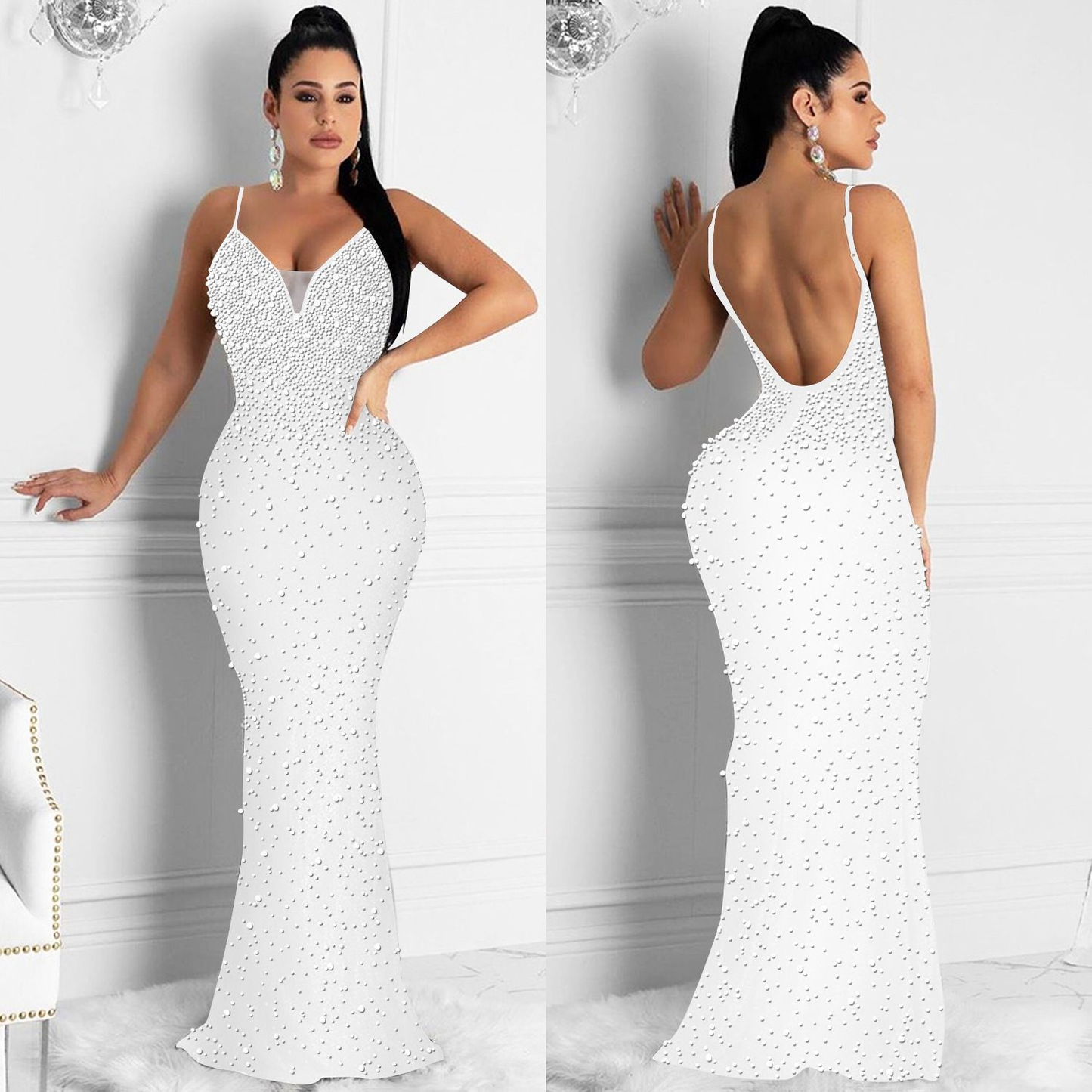 Sexy Fashion Night Club Hot-drilled Beaded Suspender Party Dress