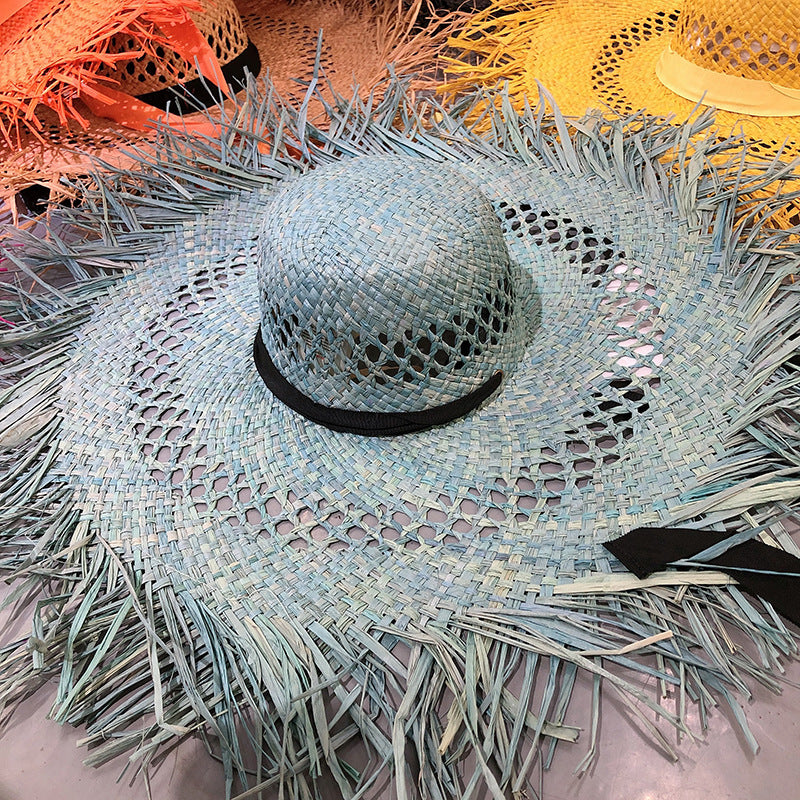 Women Fashion Tassel Big Brim Raffia Colorful Sunshade Hat