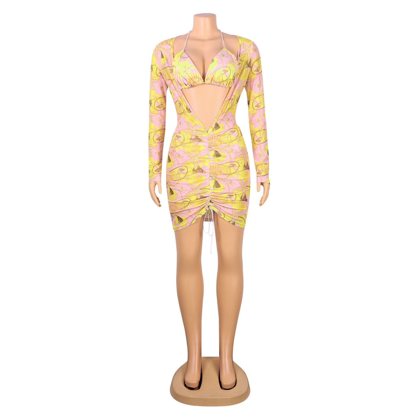 Sexy V-Neck Mesh Swimsuit Long Sleeve Three-Piece Night Clubbing Dress Suit