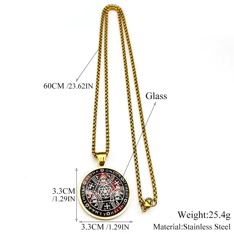 Women Men Stainless Steel Gold Color Archangel Kabbalah Talisman Key of Solomon Sigil Glass Round Medal Necklace