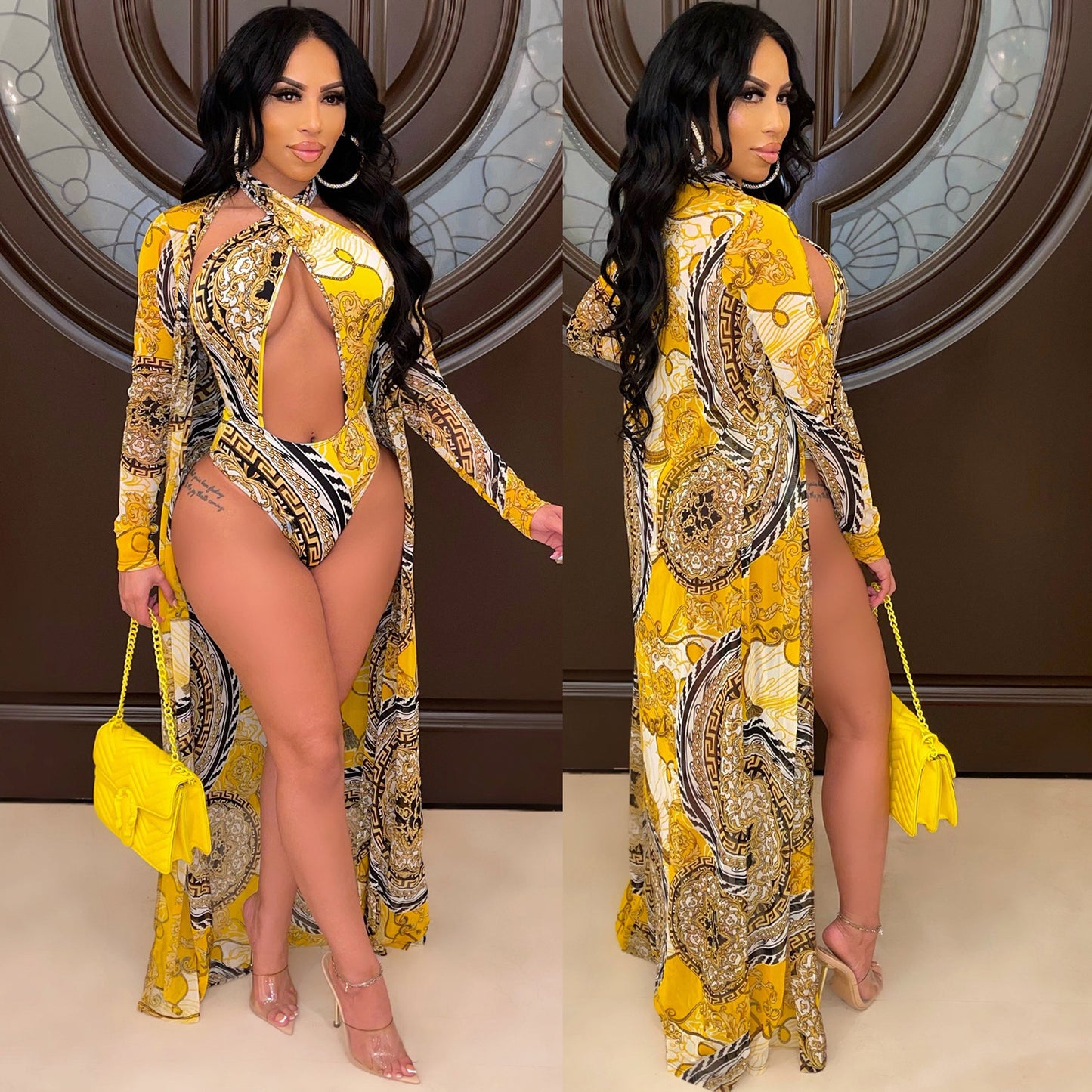 Women's Fashion Print Long Sleeve Cape Swimsuit Two Piece Bikini Dress Suits