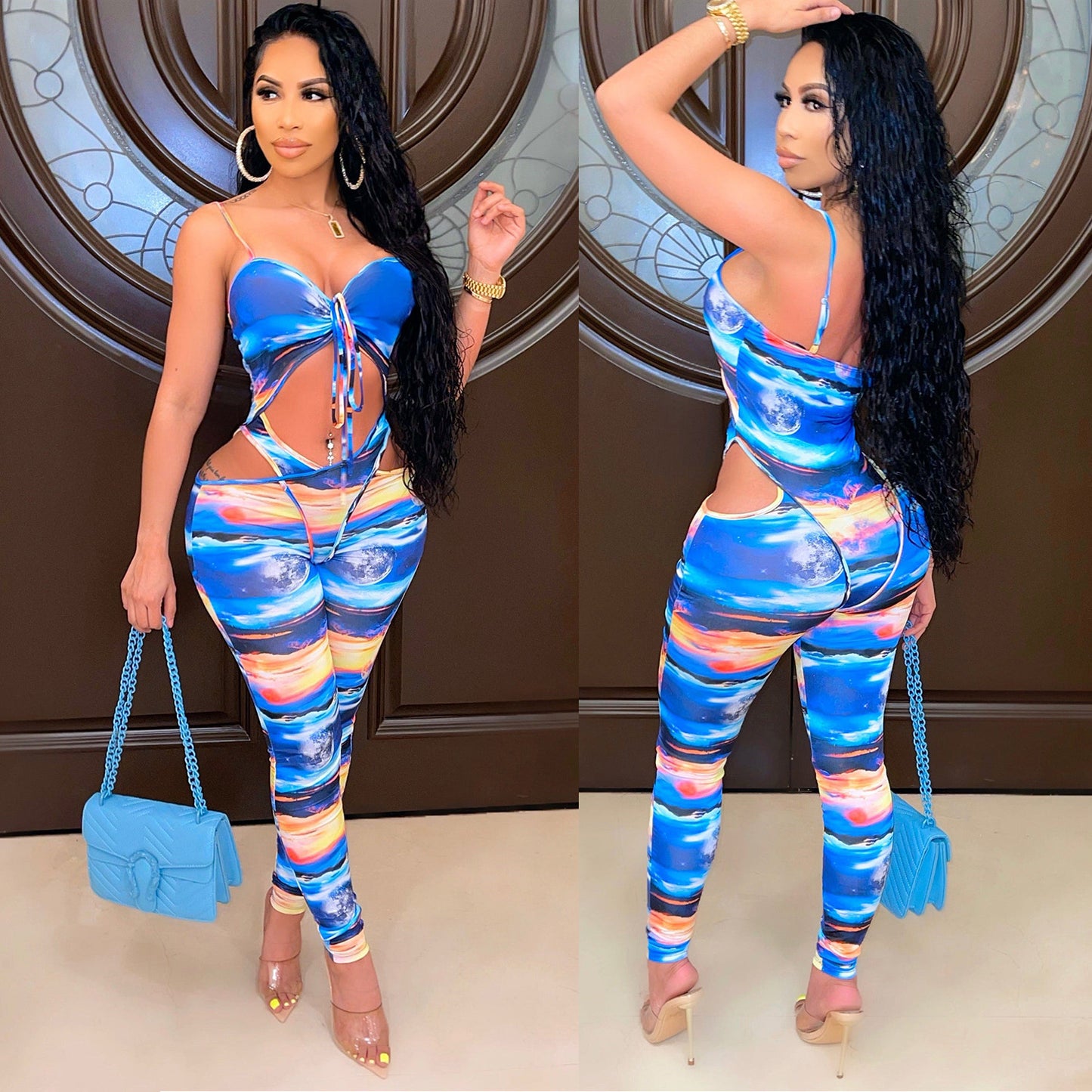 Sexy Women's Fashion Milk Silk Print Cutout Night Club Party Jumpsuit