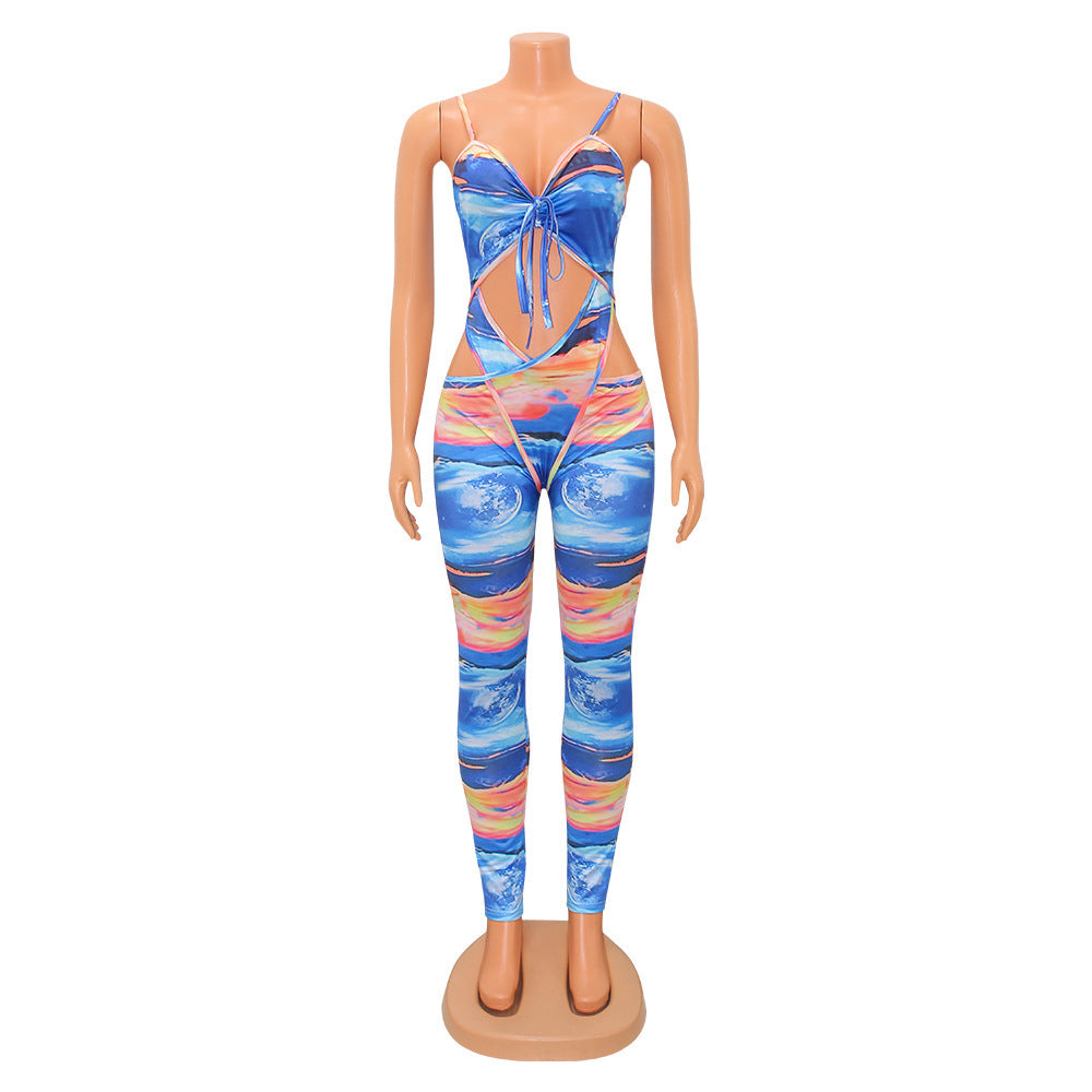 Sexy Women's Fashion Milk Silk Print Cutout Night Club Party Jumpsuit