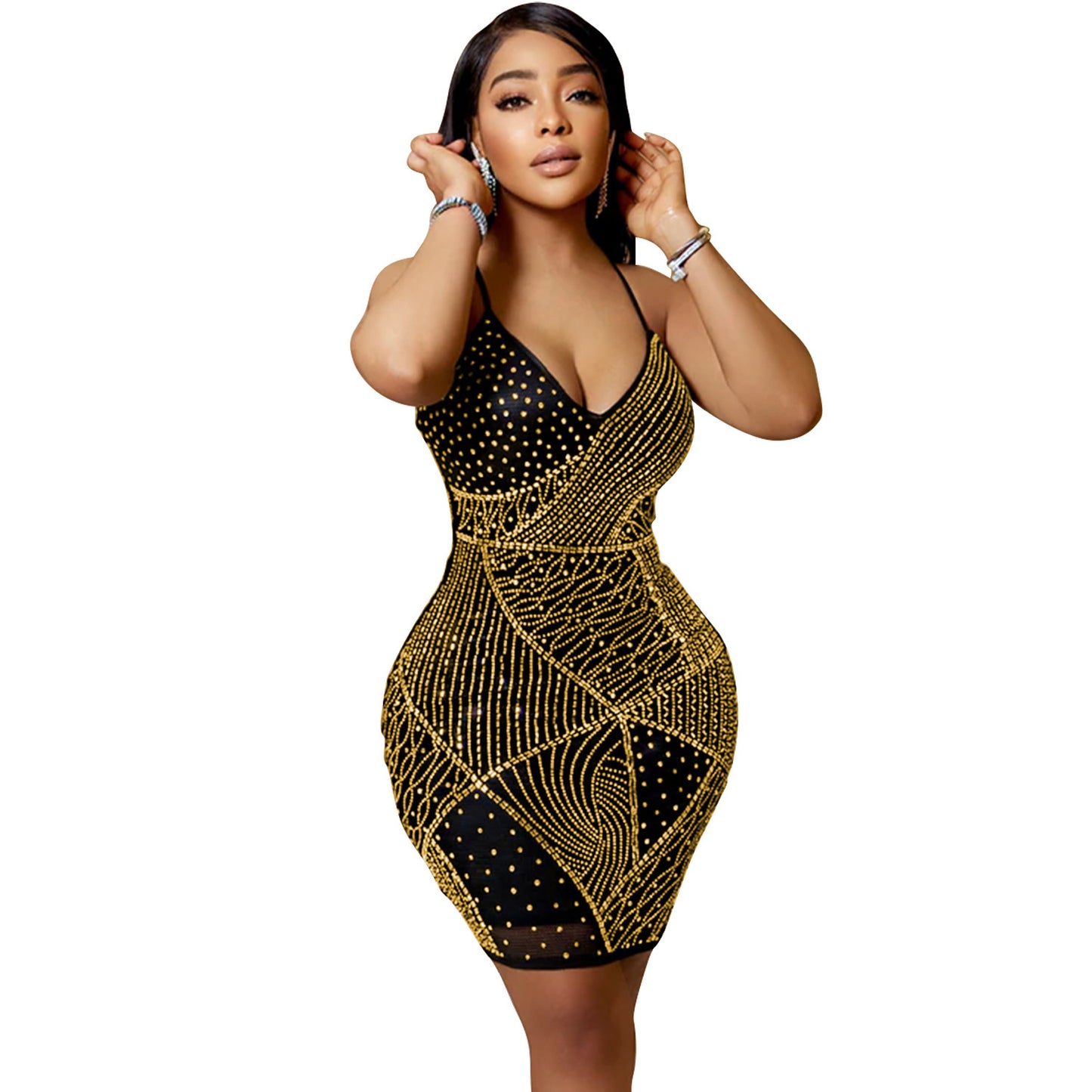 Women Sexy V-neck Nightclub Hot Diamond Clubbing Party Dress