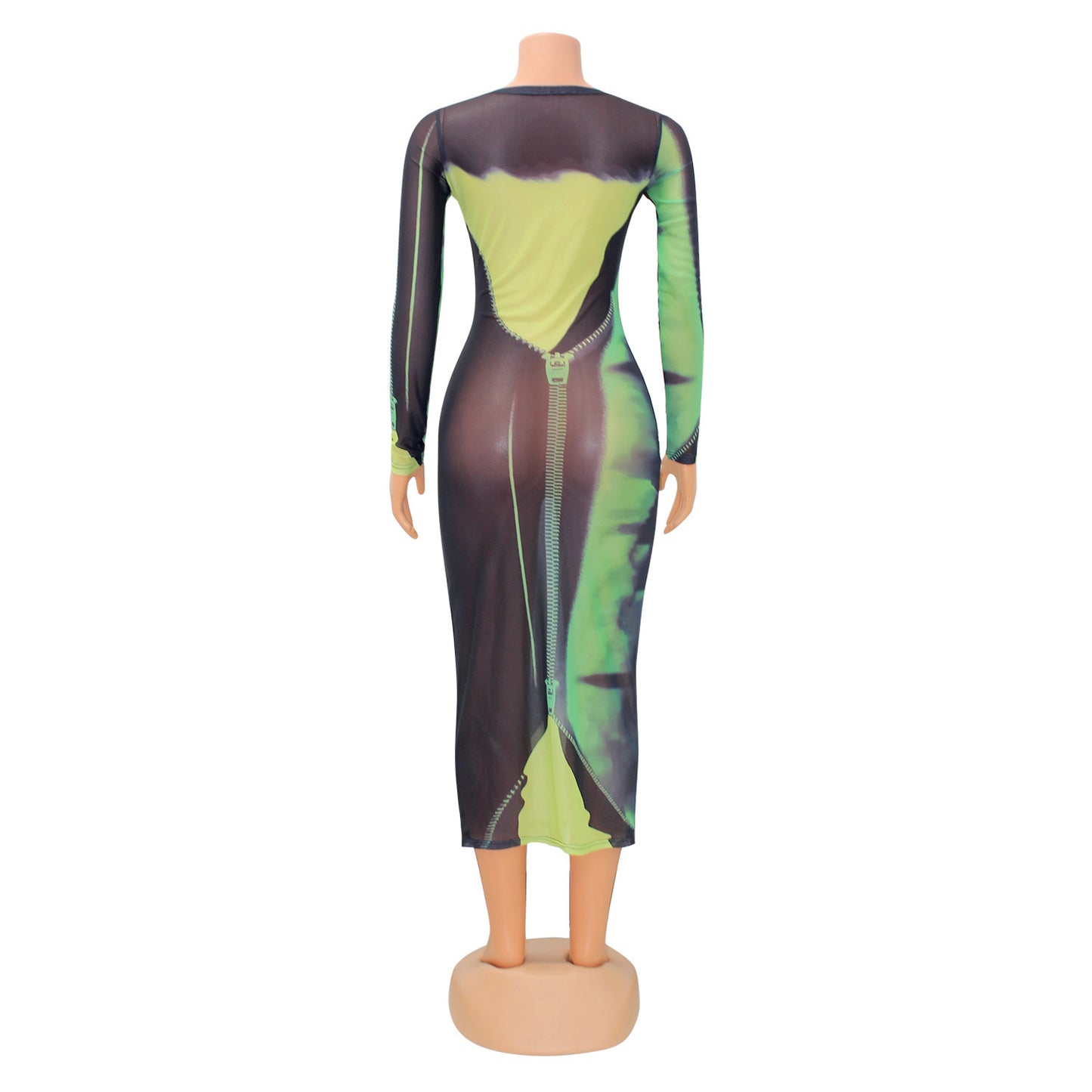 Sexy Fashion Mesh Print Long Sleeve Midi Might Club Party Dress