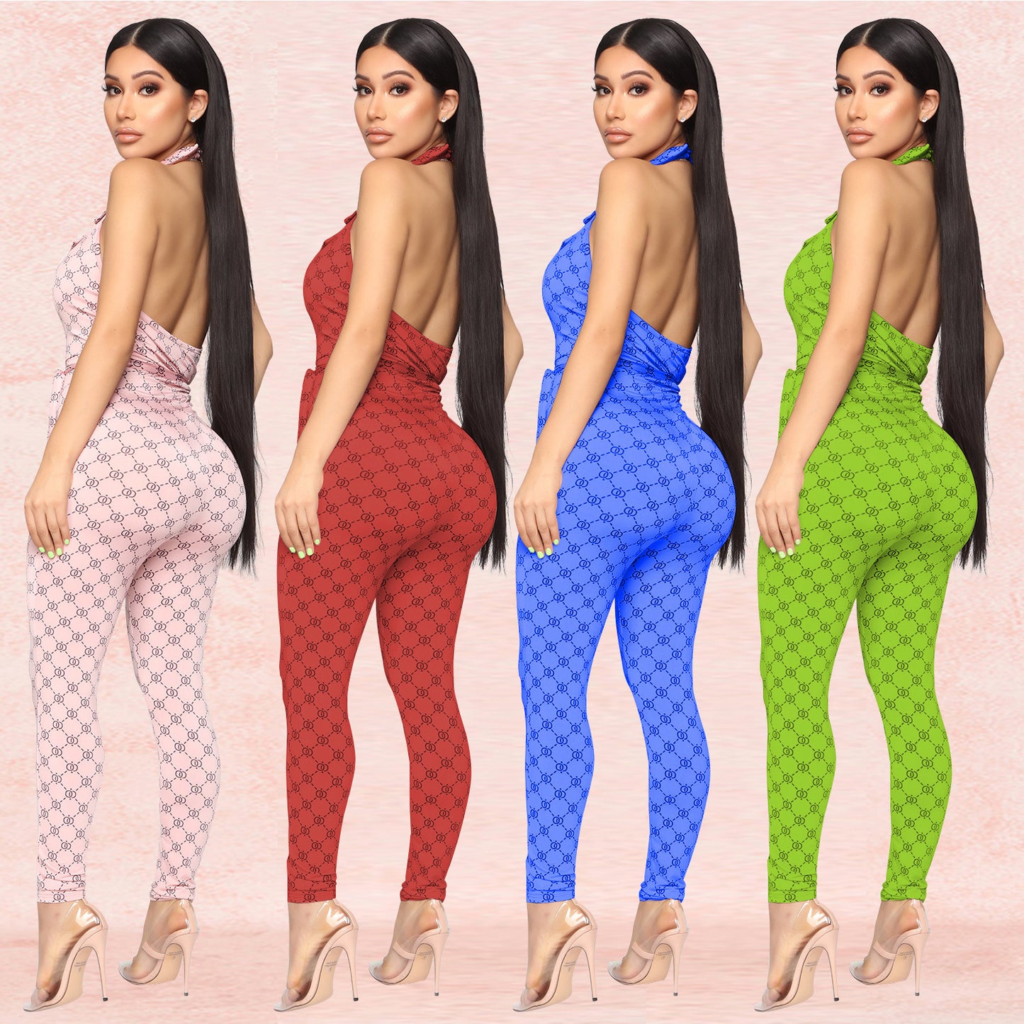 Sexy Printed Halter Nightclub Party Pant Jumpsuit