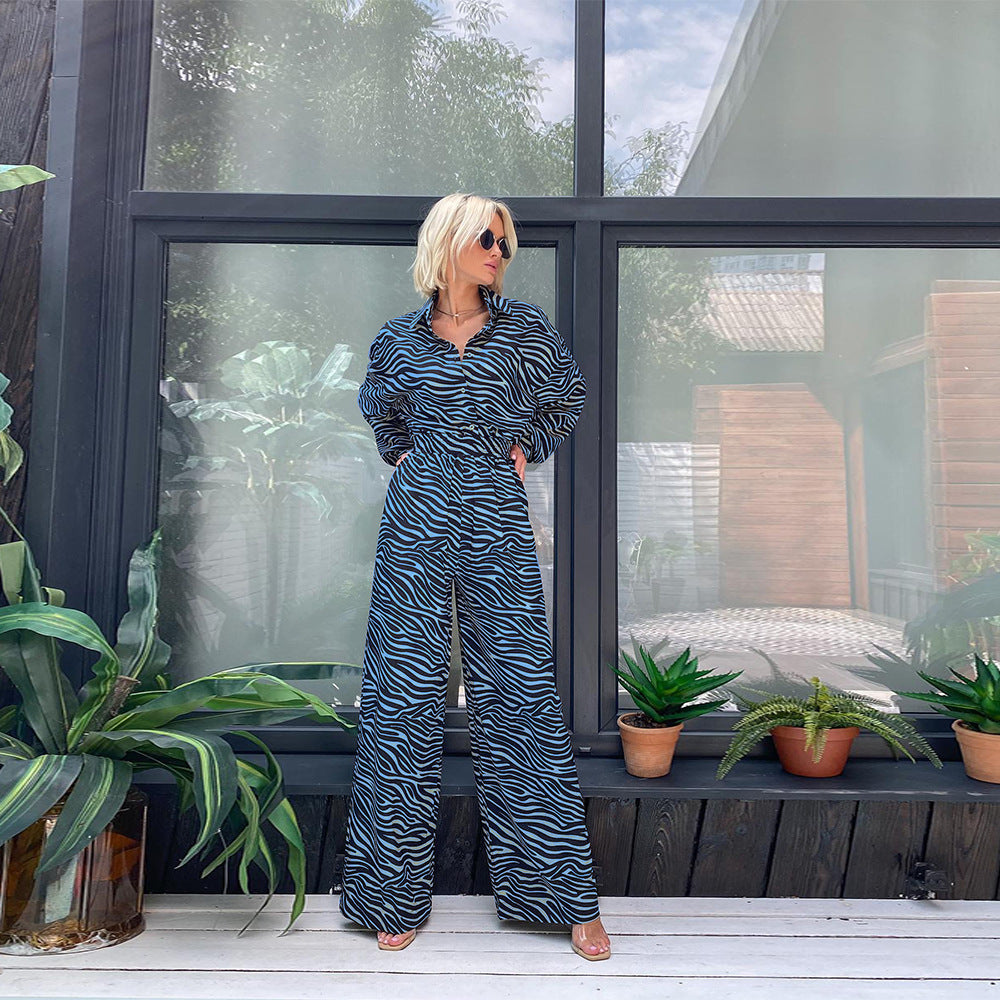 Fashion Print Lapel Long Sleeve High Waist Loose Party Jumpsuit