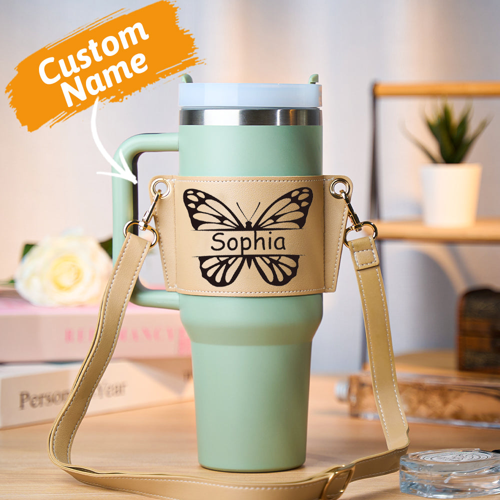 Personalized Butterfly Adjustable Strap Drink Water Bottle Sleeves Carrier Gift Bag - 40oz Stanley Tumbler