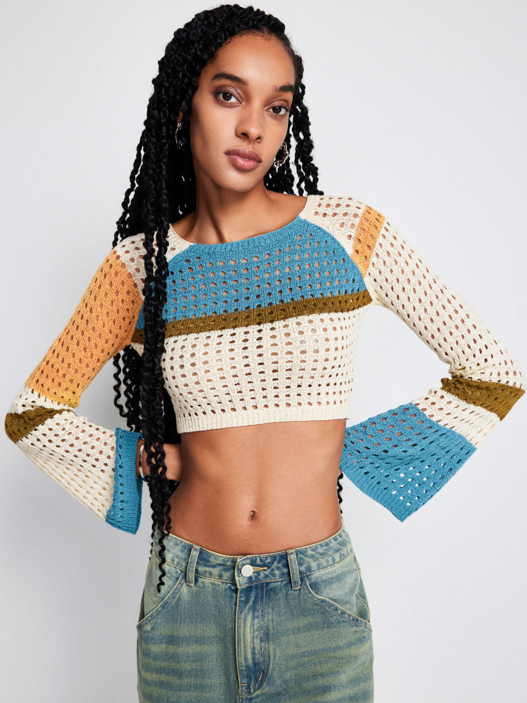 Women Stitching Long Sleeved Hollow Short Waist Knit Sweaters
